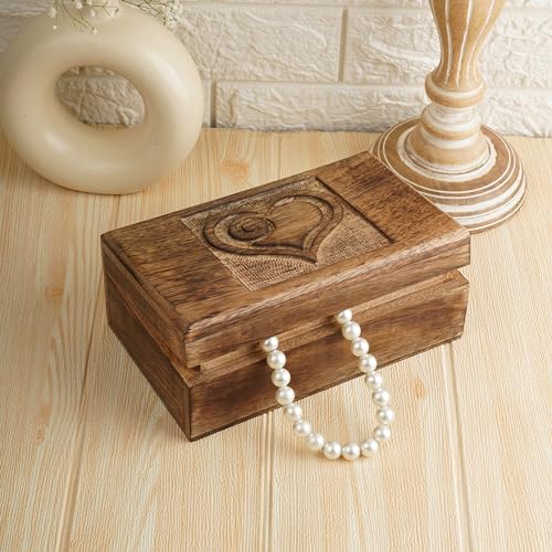 Ajuny Wooden Decorative Jewelry Box with Heart Design Carving - Multipurpose Treasure Chest Storage Keepsake Box Necklaces Watch Organizer Boxes Birthday Gifts for Women & Men 8x5 Inch - style: Heart Carved Center