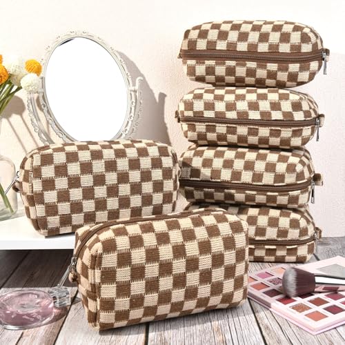 SOIDRAM Checkered Makeup Bag Preppy Cosmetic Bag Bulk Brown Makeup Pouch Personalize Travel Toiletry Bag Organizer Cute DIY Makeup Brushes Storage Bag for Women - color: Brown, size: 6 Pack
