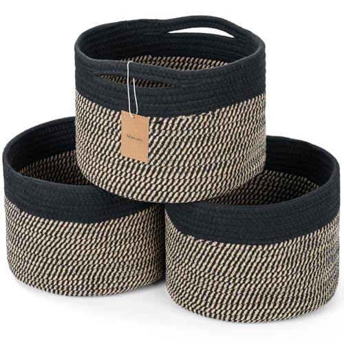 Small Rope Baskets for Storage, Baskets for Gifts Empty, Cute Round Woven Basket, Decorative Shelf Baskets 9.82×9.82×7.1", Cotton Toy Basket Storage Bins for Organizer 3 Packs-Brown+Black - color: Eight Black-3PCS