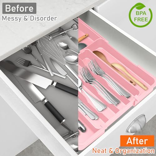 Spaclear Silverware Organizer - Expandable Silverware Drawer Organizer, Adjustable Drawer Organizer, Silverware Tray for Drawer 15.2"x 19" Utensil Drawer Organizer, Kitchen Organizers Storage, Pink - color: Pink, size: M(9.5-15.2"w x 12.6-19"d)