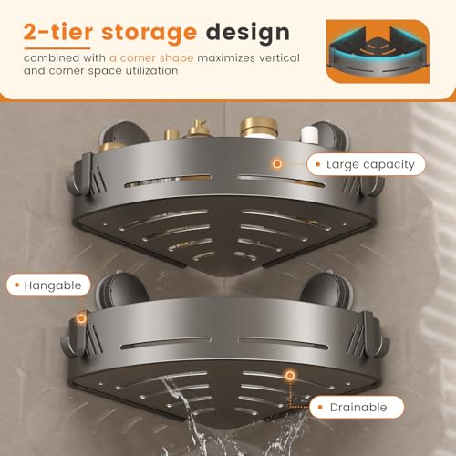 Corner Shower Caddy 2-Pack, Suction Cup Bathroom Shower Organizer with Hooks, No Drilling Rustproof Aluminum Floating Wall Shelf for Inside Shower, Gun Grey (Triangular)
