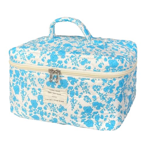 Lake Blue Large Quilted Floral Makeup Bag Cute Soft Coquette Aesthetic Cosmetic Bag Cotton Travel Toiletry Bag for Women - color: A-Lake Blue