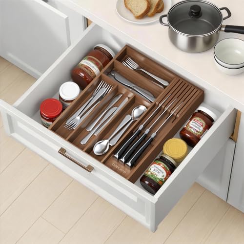 TIOPGHAD Small-Bamboo-Silverware-Drawer-Organizer, Expandable Utensil Kitchen Cutlery Tray Flatware Organization Wood Tableware Dividers Storage (with Removable Knife Block)(Brown) - color: Brown, size: Medium