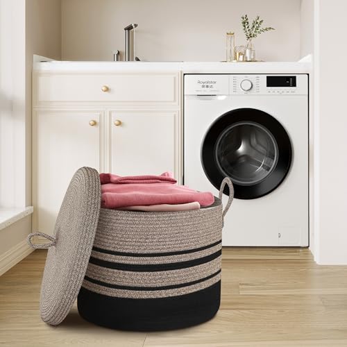 Extra Large Woven Basket with Lid, 18" X 14" Wicker Blanket Storage Basket Living Room, Tall Rope Storage Baskets for Toys, Decorative Kids Toy Bin Box with Cover, Baby Laundry Basket Hamper - color: Jute/Black