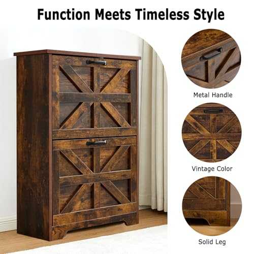 Shoe Storage Cabinet with 2 Flip Drawers, Farmhouse Shoe Organizer with Barn Door Design, Space-Saving Hidden Narrow Shoe Rack Cabinet for Entryway, Hallway & Foyer, Brown - color: Brown, size: 1 pcs-2 Flip Drawers