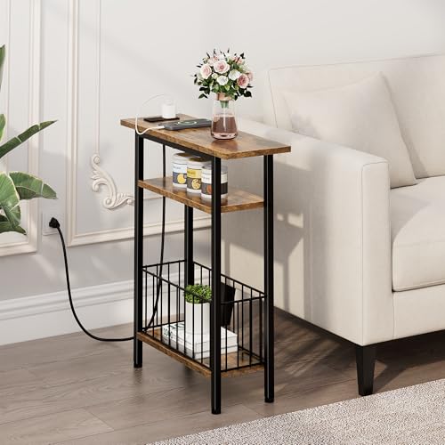 Vagusicc Narrow Side Table with Charging Station, 3-Tier Skinny Side End Table for Couch Sofa, Small End Side Tables for Small Spaces, 25.2" Tall Slim Nightstand for Living Room, Bedroom, Rustic Brown - color: Rustic Brown, style: With Plug