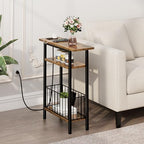 Vagusicc Narrow Side Table with Charging Station, 3-Tier Skinny Side End Table for Couch Sofa, Small End Side Tables for Small Spaces, 25.2" Tall Slim Nightstand for Living Room, Bedroom, Rustic Brown - color: Rustic Brown, style: With Plug