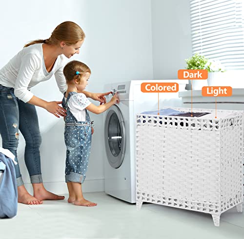 Laundry Hamper with 3 Removable Liner Bags; 132L Handwoven Rattan Laundry Basket with Lid & Heightened Feet; Clothes Hamper with Side Handles; Laundry Sorter with 3 Separate Sections - color: White, size: 132L-3 Section