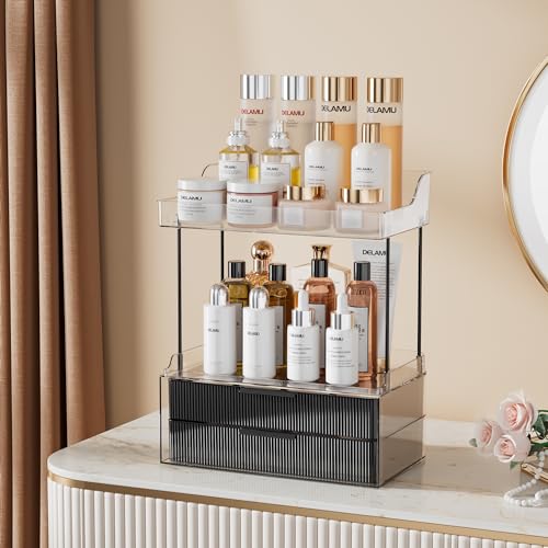 Delamu Bathroom Organizers and Storage, 2 Tier 2 Drawer Makeup Organizer Countertop, Easy to Install, Ideal for Bathroom Counter, Vanity, Large Skincare, Perfume, Present, Desk and More, Black - color: Black, size: 2Drawers 1 Pack