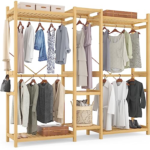 Homykic Bamboo Closet System Clothes Rack, Large Freestanding Garment Rack Clothing Rack for Hanging Clothes with 7 Storage Shelves and 5 Rods, Open Wardrobe Organizer with 4 Hooks, Natural - color: Natural, size: III Large