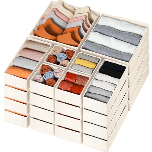 Criusia Drawer Organizer Clothes, 24 Pack Dresser Organizer Bins for Nursery Bedroom, Closet Organization and Storage Dividers for Clothing, Baby Clothes, Underwears, Socks (Beige) - color: Beige, size: 24 Pack