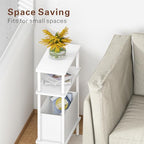 Narrow Side Table with Fabric Basket, End Table for Small Spaces, Slim Nightstand with 3-Tier Storage Shelf, Sofa Beside Table, for Living Room, Bed Room, Natrual White - color: Natrual White