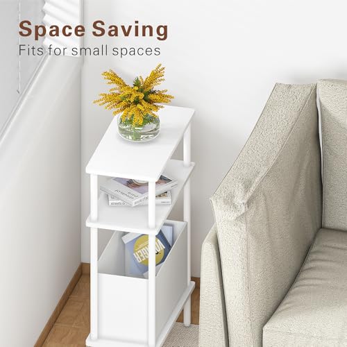 Narrow Side Table with Fabric Basket, End Table for Small Spaces, Slim Nightstand with 3-Tier Storage Shelf, Sofa Beside Table, for Living Room, Bed Room, Natrual White - color: Natrual White