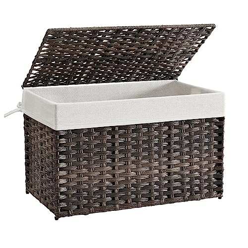 SONGMICS Storage Basket with Lid, Woven Blanket Storage Bin with Handles, Foldable, Removable Liner, Metal Frame, for Bedroom, Laundry Room, 27.7 Gallons (105 L), Brown URST066K01 - color: Brown, size: 105 L