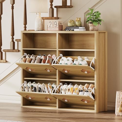 GarveeHome Shoe Cabinet with 4 Flip Drawers, Narrow Wood Shoe Organizer Cabinet with Floral Pattern, Freestanding Slim Shoe Rack Cabinet with Adjustable Shelves & Open Storage, for Entryway, Natural - color: Natural Wood Color, size: 4-Drawers