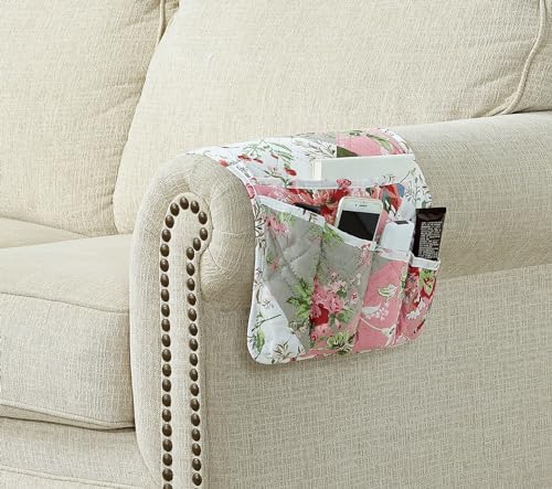 Brilliant Sunshine Peach Flowers Patchwork Couch Armrest 5 Pockets Organizer, Slip Resistant Recliner Armchair Caddy, Washable Remote Controls Holder, Storage for Magazine, Tablet, iPad, Peach Olive - color: Peach Olive