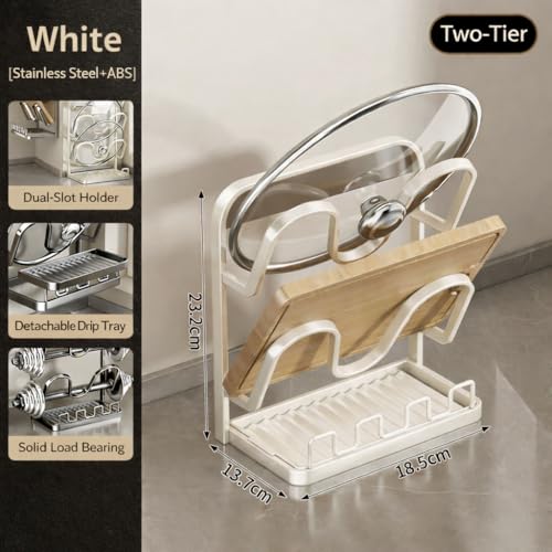 NUOREEL Kitchen Pot Lid Organizer, Extra-Wide Kitchen Pot Lid Storage Rack for Bigger Lids, Heavy-Duty Carbon Steel Frame with Reinforced ABS Base, Fits 30–32cm Lid (White) - color: White