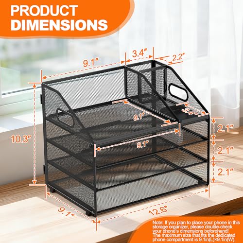 DocNest 4 Tier Metal Mesh Letter Tray - Space Saving Desk File Organizer with Handle, Pen Holder & Folder Holder - Desktop Document Sorter for Office, Home, School, Classroom - Black - color: Black, size: 12.6" x 9.1" x 10.3"