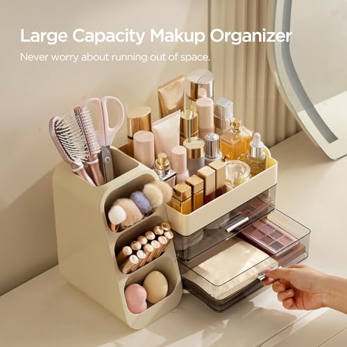 HBlife Makeup Organizer with Brush Holder for Vanity, Large Plastic Bathroom Countertop Organizer Skin Care Storage, Easy to Store Lipsticks, Nail Polishes, Perfumes, Eyeshadow Palettes, Beige - color: Beige, size: Large