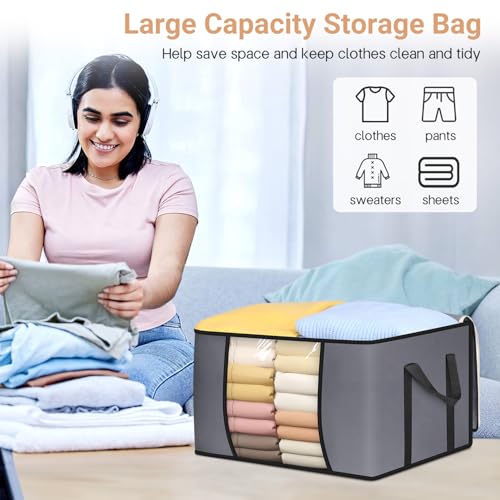 SLEEPING LAMB 65L Clothes Storage Bag, Breathable Blanket Storage Container and Foldable Comforter Organizer for Closet with Reinforced Handles for Sheets, Pillow, Toys, Grey - size: 20"L x 16"W x 13"H