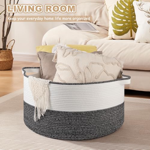 OIASKET Large Blanket Basket with Handles, 22.8" x 22.8" x 13" Woven Storage Basket for Living Room, Cotton Rope Baby Toy Storage for Clothes, Pillows, Towels-Black & White - color: Black and white, size: 90L