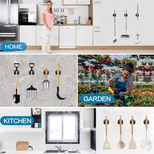 4Pcs peel and stick mop and broom holder wall mount Stainless Steel Heavy Duty Mop Holder Broom Hanger Wall with Screws, Garden Outdoor Tool Organizer Rack Broom Hanger