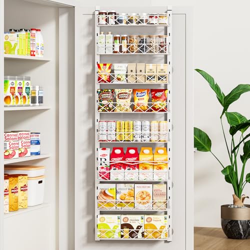 MIAOLI Over the Door Organizer, White 8-Tier Pantry Door Organizer with Adjustable Basket, Hanging Spice Rack Cabinet Door Shelves, Laundry Room Organization and Storage - color: White, size: 8-Tier
