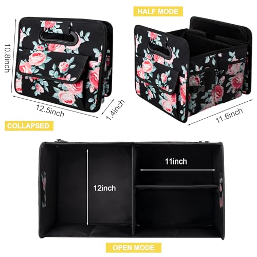 JiatuA Car Trunk Organizers and Storage Collapsible Multi Compartment Container Box, Adjustable Car Accessories for SUV Sedan Truck, Standard Size, Black Floral - color: Black Floral, size: Standard