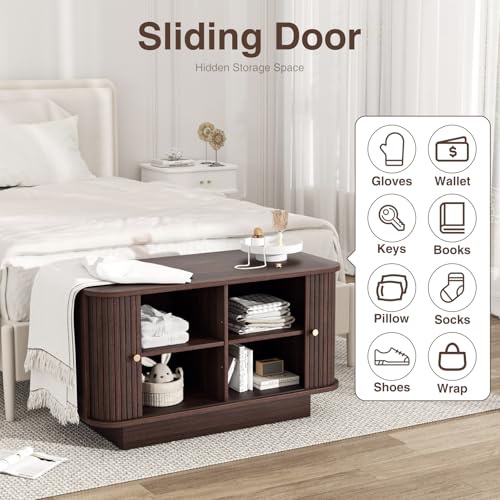 63" W Small Shoe Storage Bench, Shoe Bench Entryway with Sliding Doors and Adjustable Shelvs, Wooden Low Cabinet for Hallway, Living Room, Bedroom, Apartment, Dorm, Mudroom, Garage, Walnut, 2PCS - color: Walnut, size: 31 W * 2