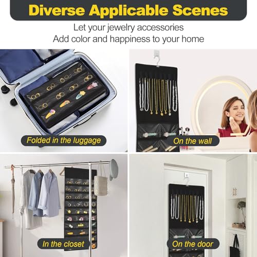 Hanging Jewelry Organizer with Multi-size pockets Double-Sided Jewelry Holder for Earrings, Necklaces, Rings on Closet, Wall, Door,Jewelry Organizer Hanging for Closet, Black - color: black