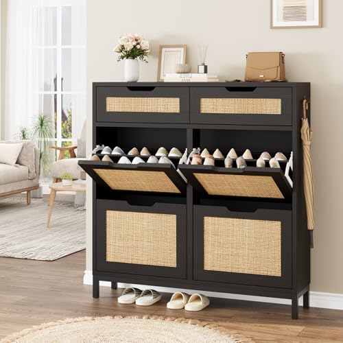 Jocoevol Rattan Shoe Cabinet for Entryway with 4 Flip Drawers and 2 Drawers, Narrow Freestanding Shoe Storage Cabinet with Metal Legs for Entryway/Hallway/Foyer (Black) - color: Black