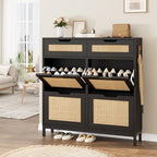 Jocoevol Rattan Shoe Cabinet for Entryway with 4 Flip Drawers and 2 Drawers, Narrow Freestanding Shoe Storage Cabinet with Metal Legs for Entryway/Hallway/Foyer (Black) - color: Black