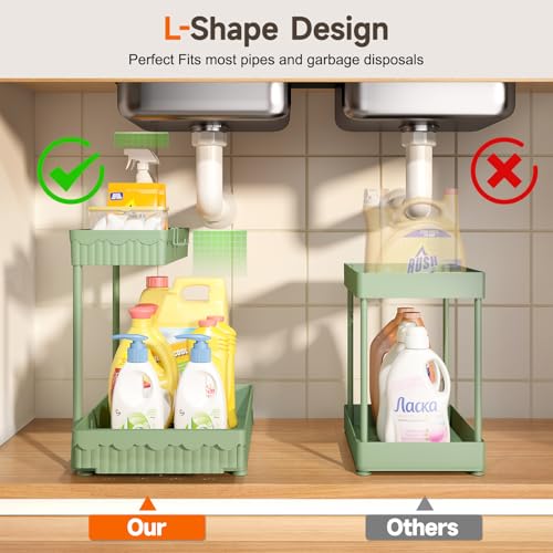 Sevenblue 3 Pack Multi-Purpose Under Sink Organizers and Storage, 2026 L-Shaped Pull Out Cabinet Organizer for Bathroom & Kitchen, Under Cabinet Organizer with Hooks Hanging Cup (Green, 12.85 inch)