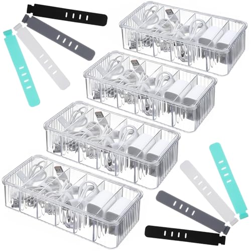 4 Pcs Cable Organizer Box, Clear Plastic Cord Storage Organizer with 40 Wire Ties Charging Cord Storage Organizers with Lid for Home Office Desk Drawer Organizers and Accessories