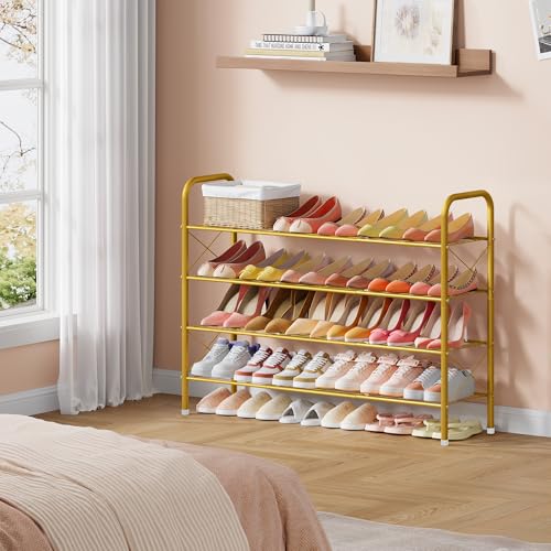 Hoctieon 4 Tier Mesh Style Shoe Rack, Entryway Shoe Shelf, Shoe Storage Organizer, Shoe Rack for Closet, Space Save for Bathroom, Garage, Hallway, Bedroom, Living Room, Gold - color: Gold, size: 4 Tier