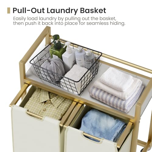SwaaVee Laundry Hamper, Laundry Basket, Laundry Sorter with 3 Removable Bags, Clothes Basket with 3 Compartments, Wheels, Shelf for Laundry Room Bathroom Bedroom (2 Bags-Golden) - color: 2 Bags-Golden