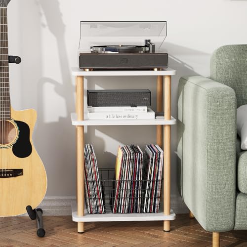 Apicizon 3 Tier Nightstand, End Table with Storage Shelf, Wooden Vinyl Record, Farmhouse Bedside Table for Small Spaces, Bedroom, Living Room, Easy Assembly, White+Natural - color: White+natural, size: 1 Set, style: 3 Tier