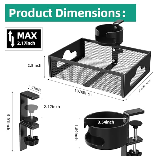 CABTE Desk Cup Holder with Drawer Organizer, Anti-Spill Clip-On Table Cup Hook with 360° Rotation Hidden Storage Box for Office Home Gaming Table (Black) - color: Black