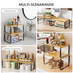 Simple Trending Bamboo Cabinet Organizer Shelf, Set of 2 Kitchen Counter Shelves, Stackable Expandable Spice Rack Kitchen Storage, Black and Natural Beige