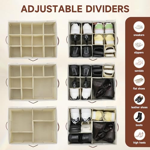 2-Pack Shoe Organizer for Closet, Foldable Shoe Storage Container with Adjustable Dividers & Clear Lid, Holds Up to 12 Pairs, Space-Saving Shoe Boxes, White - size: Medium