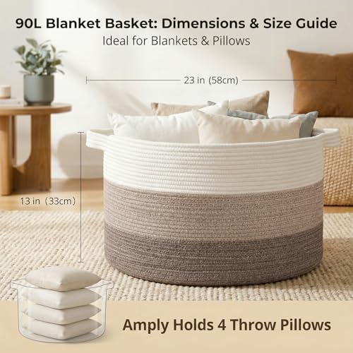 OIAHOMY 90L Blanket Basket for Living Room, Large Basket 23" x 23" x 13" with Handle, Laundry Hamper for Blankets, Pillows, Toy Storage for Kids, Dogs - Gradient Brown - color: Gradient Brown, size: 23" x 23" x 13"
