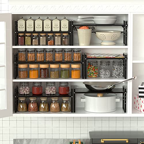 Expandable Cabinet Shelf Organizers, Stackable Cabinet Pantry Counter Under Sink Shelves Storage Shelf Rack for Kitchen Home Office, 10.24" W Black, 3 Pack - color: Black-3pack
