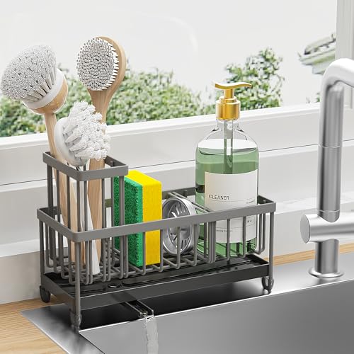Cisily Sponge Holder for Kitchen Sink, Sink Caddy Organizer with High Brush Holder, Kitchen Countertop Organizers and Storage Essentials, Rustproof 304 Stainless Steel (Dark Grey, 9.25″) - color: Dark Grey