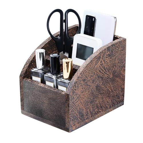 Rustic Vintage Wooden Desk Organizer Farmhouse Wood Remote Control Caddy 3 Slot Tabletop Desktop Office Supply Storage Rack Desktop TV Remote Control Holder Home Decor Office Supplies (Metallic color) - color: Metallic color