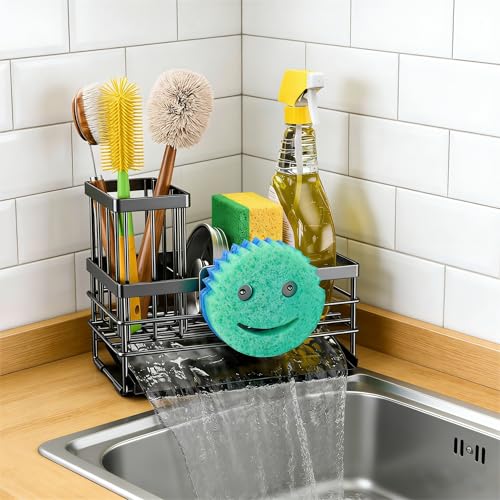 Cisily Sink Caddy with Smiley Face Sponge Holder for Kitchen with Brush Holder and Stainless Steel Self Drain Tray, Rustproof Kitchen Sink Organizer, Soap Dispenser Storage Accessories (Black) - color: Black With Smiley Face Holder