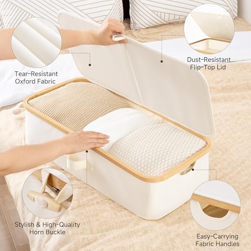 StorageWorks Underbed Storage Box with Bamboo Frame, 42L Flip-Top Under Bed Container for Blankets, Bed Sheets, Coverlets and Towels, Beige - color: Beige, size: 1