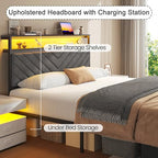 Fluest Queen Bed Frame with 2 Drawers, Upholstered Headboard with Storage and Charging Station, LED Lights, Fabric Drawers with Wheels, Under Bed Storage, No Box Spring Needed, Easy Assembly, Grey - size: Queen