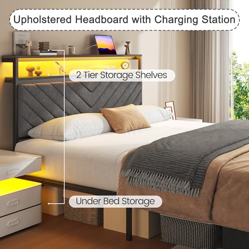 Fluest Queen Bed Frame with 2 Drawers, Upholstered Headboard with Storage and Charging Station, LED Lights, Fabric Drawers with Wheels, Under Bed Storage, No Box Spring Needed, Easy Assembly, Grey - size: Queen