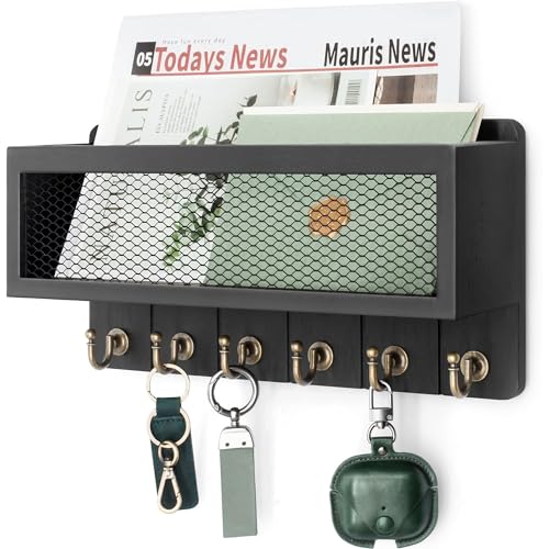 Rebee Vision Decorative Key and Mail Holder for Wall: Farmhouse Wall Mount Sorter with Storage Basket and 6 Retro Key Hooks - Wooden Mail Holder for Office, Appartment, Home Decor (Modern Black) - color: Black