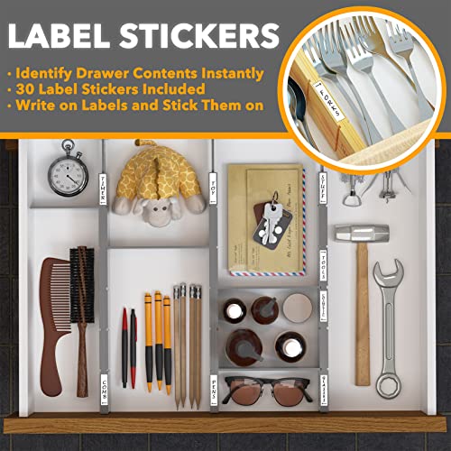 SpaceAid Bamboo Drawer Dividers with Inserts and Labels, Kitchen Adjustable Drawer Organizers, Expandable Organization for Home, Office, Dressers, 4 Dividers with 9 Inserts (17"-22" Gray) - color: GRAY, size: 2.35''H, 17''-22''L, 4 Dividers